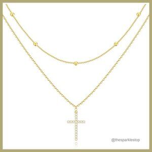 Gold Plated Cross Pendant Necklace, Layered Choker, 14K Gold Silver Plated
